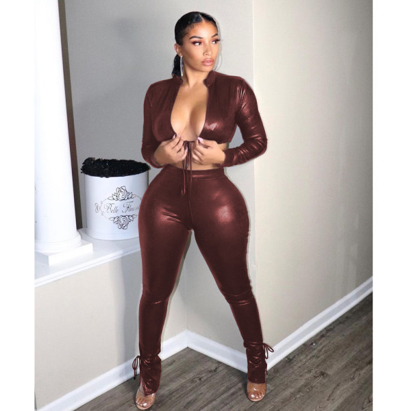 Hot sale fashion jacket stand collar tie trousers strappy leather suit