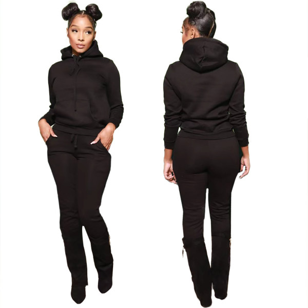 Winter new solid color thick hooded sweater suit