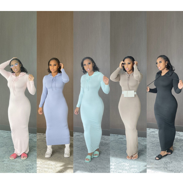 Casual solid color hooded dress with double-sided brushed fabric, high elasticity, skin-friendly and warm