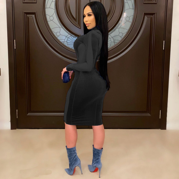 Sexy women's gold velvet stretch mesh stitching long-sleeved dress