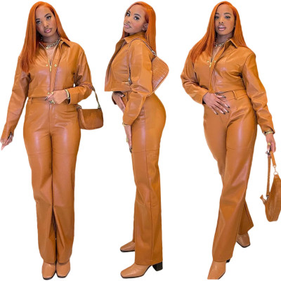 Women's Fashion Casual Pure Color PU Slim Two-piece Suit