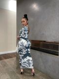 Explosive Pattern Long Sleeve Printed Slim Sexy Open Back Ladies Long Dress