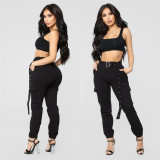 Women's casual pants, solid color with belt and feet pants overalls