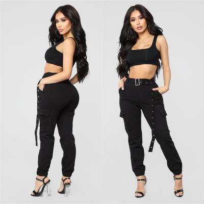 Women's casual pants, solid color with belt and feet pants overalls