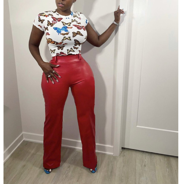 New product Solid color loose wide-leg leather pants, back waist zipper