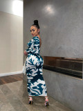 Explosive Pattern Long Sleeve Printed Slim Sexy Open Back Ladies Long Dress