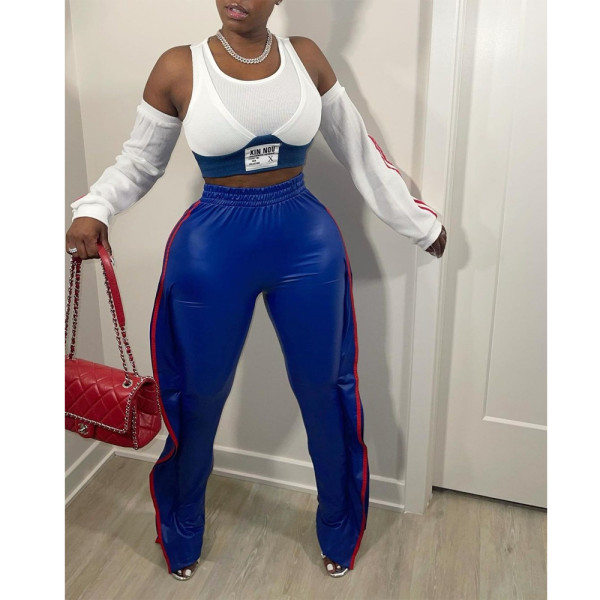 New slim-fit leather pants with tape and wooden ears
