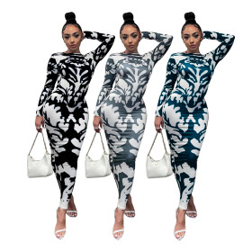 Explosive Pattern Long Sleeve Printed Slim Sexy Open Back Ladies Long Dress