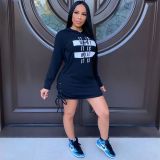 Explosive fashion letter offset printed hooded sweater dress with adjustable hips