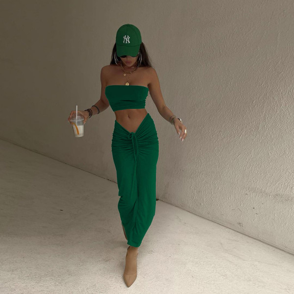 Front slit drawstring long skirt tube top two-piece femininity sexy suit skirt