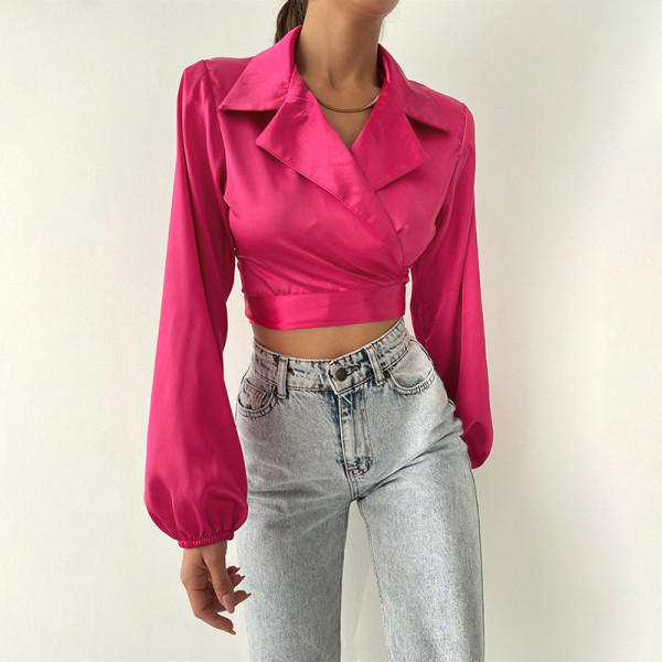 Autumn and winter new style strappy slim waist temperament shirt lapel long-sleeved shirt