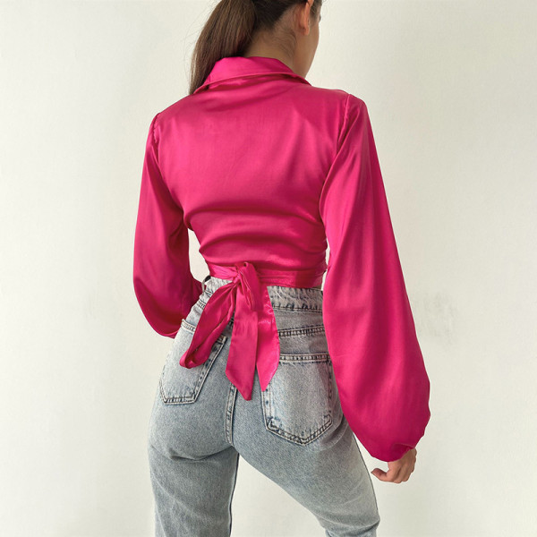 Autumn and winter new style strappy slim waist temperament shirt lapel long-sleeved shirt