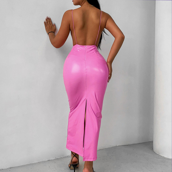 New style sling open back PU leather sexy winter dress with deep V breast display long skirt for women