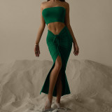 Front slit drawstring long skirt tube top two-piece femininity sexy suit skirt