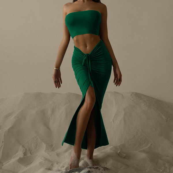 Front slit drawstring long skirt tube top two-piece femininity sexy suit skirt