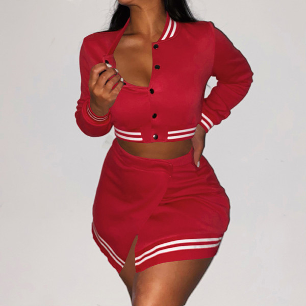 Winter new solid color baseball uniform suit sports leisure long-sleeved half skirt two-piece suit