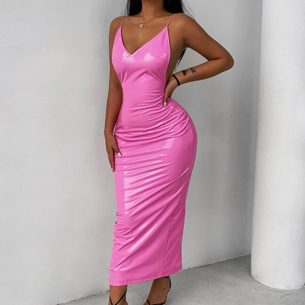 New style sling open back PU leather sexy winter dress with deep V breast display long skirt for women