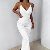 New style sling open back PU leather sexy winter dress with deep V breast display long skirt for women