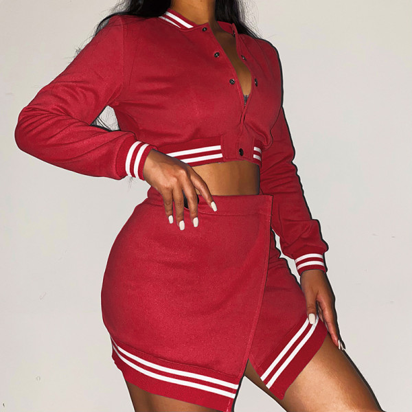 Winter new solid color baseball uniform suit sports leisure long-sleeved half skirt two-piece suit