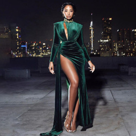 New sexy high slit suede dress winter dress wind Hepburn style temperament long skirt