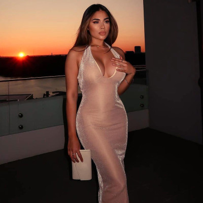 Spring and summer mid-waist sexy temperament commuter slim long dress sling hanging neck solid color vest skirt