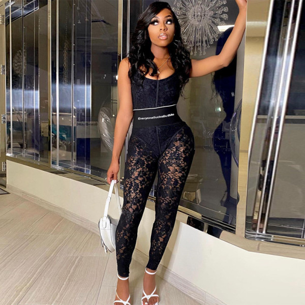 Women's new fashion lace stitching straps slim slimming jumpsuit
