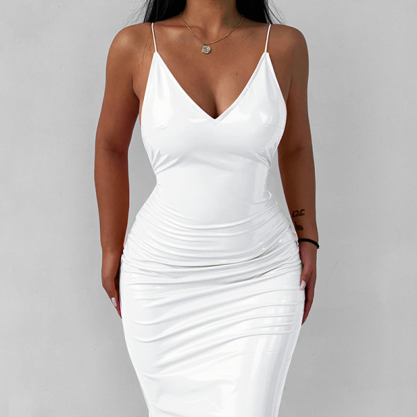 New style sling open back PU leather sexy winter dress with deep V breast display long skirt for women