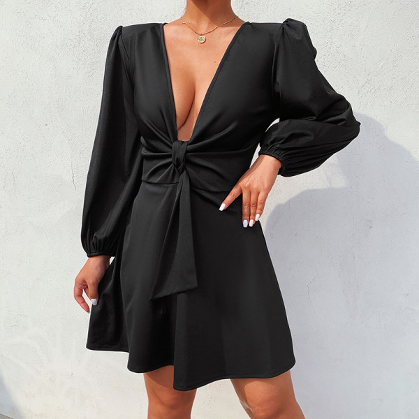 Autumn and winter new style evening banquet temperament lace long sleeve dress female solid color deep V evening dress
