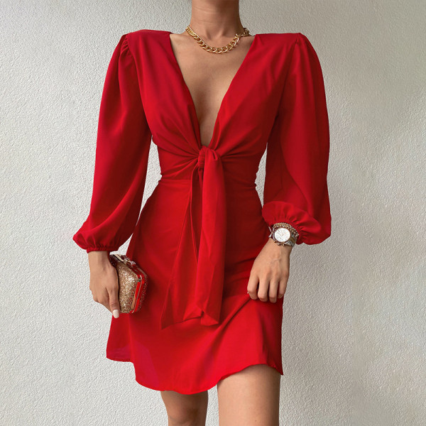 Autumn and winter new style evening banquet temperament lace long sleeve dress female solid color deep V evening dress