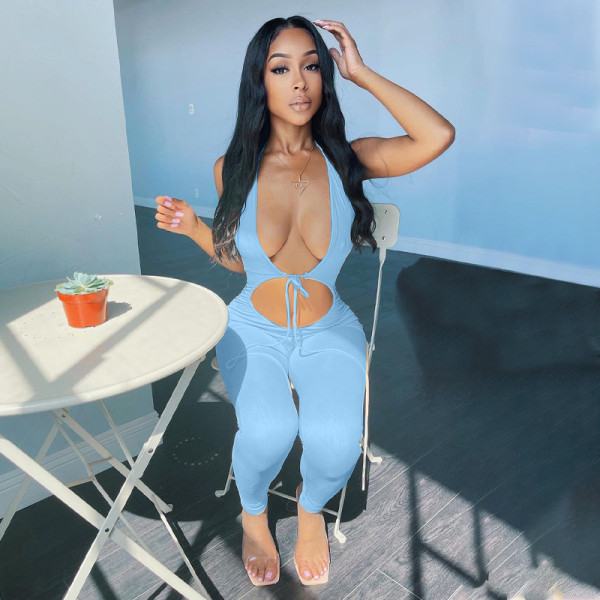 Women's new style hot sale solid color sexy halter V-neck halter neck lace slim fit jumpsuit for women