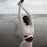 Knitted top with cross waist tie sexy solid color autumn long-sleeved slim hollow top
