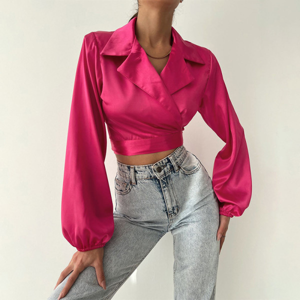Autumn and winter new style strappy slim waist temperament shirt lapel long-sleeved shirt