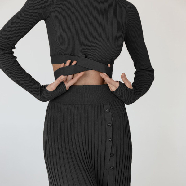 Knitted top with cross waist tie sexy solid color autumn long-sleeved slim hollow top