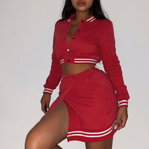 Winter new solid color baseball uniform suit sports leisure long-sleeved half skirt two-piece suit