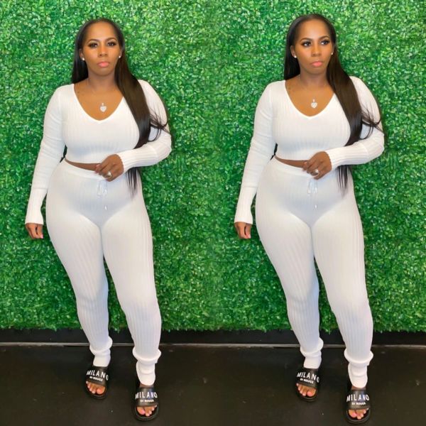 Fashion solid color pit strip deep V long-sleeved slim elastic waist autumn and winter two-piece suit