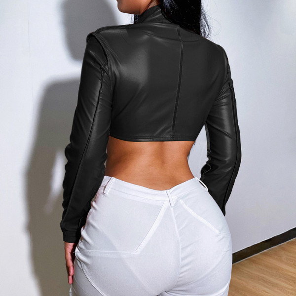 Trendy short jacket women autumn and winter new long-sleeved ultra-short zipper leather jacket