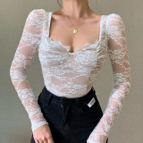Breast Cup Lace Long Sleeve Top Women's Autumn Fashion Sexy Black V-neck Shirt