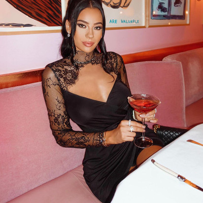 Sexy lace stitching long-sleeved dress women temperament ladies sexy V-neck slim slimming hip skirt