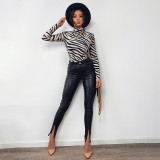 Small feet split zipper leather pants women's autumn and winter trend temperament tight-fitting mid-waist straight-leg trousers
