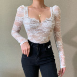 Breast Cup Lace Long Sleeve Top Women's Autumn Fashion Sexy Black V-neck Shirt