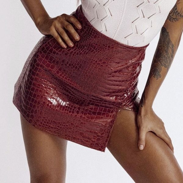 Textured small split leather short skirt female high waist street sexy slim casual leather skirt