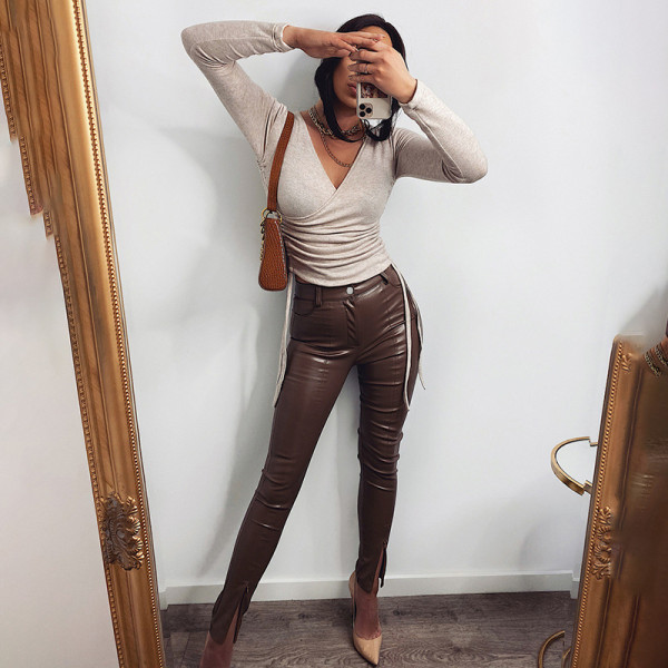Small feet split zipper leather pants women's autumn and winter trend temperament tight-fitting mid-waist straight-leg trousers