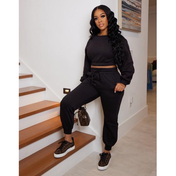 Women's solid color sweater two-piece thin velvet sports suit women