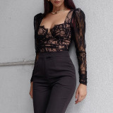 Breast Cup Lace Long Sleeve Top Women's Autumn Fashion Sexy Black V-neck Shirt