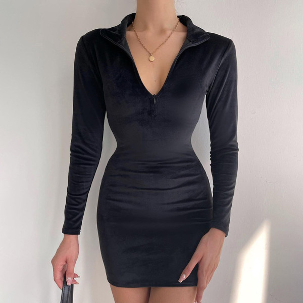 Autumn and winter new style long-sleeved lapel slim sexy short dress with hip skirt for women