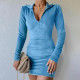 Autumn and winter new style long-sleeved lapel slim sexy short dress with hip skirt for women