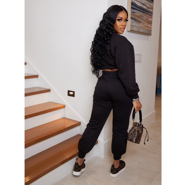 Women's solid color sweater two-piece thin velvet sports suit women