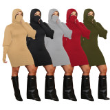 Women's solid color stretch hooded fake two-piece dress long sleeve high collar skirt women