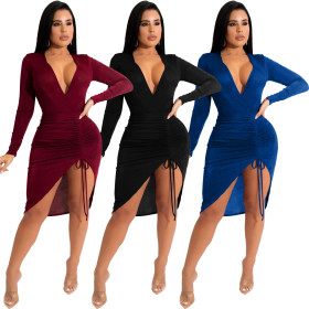 Fashion Korean velvet deep V sexy slim dress