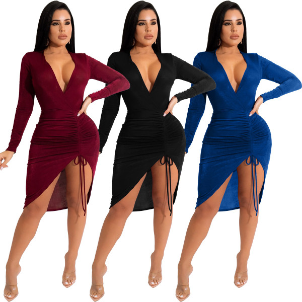 Fashion Korean velvet deep V sexy slim dress